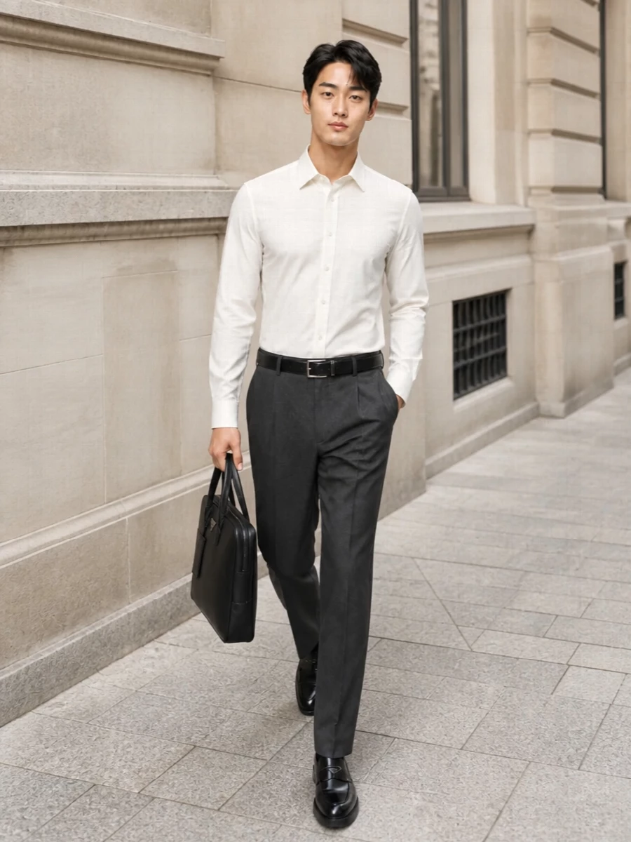 Prada poplin shirt charcoal pleated trousers outfit