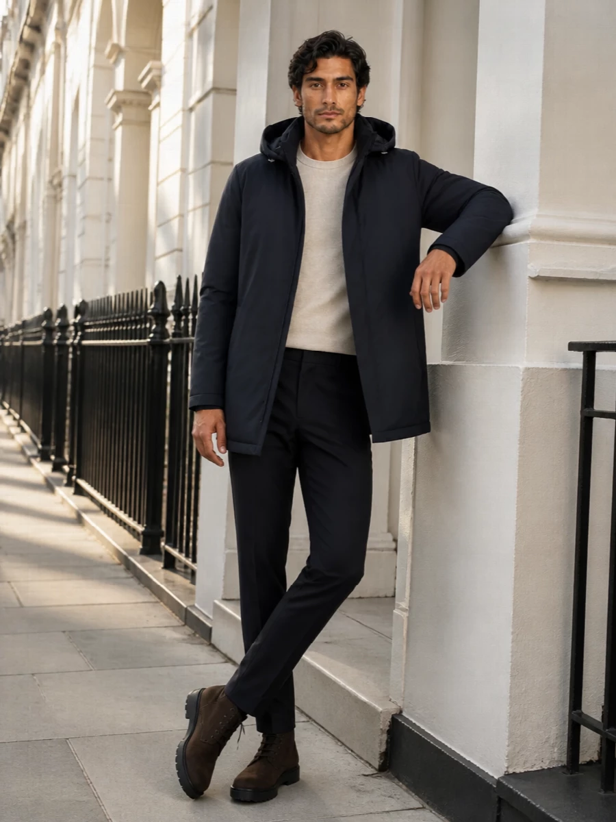Herno mens navy parka tods boots outfit
