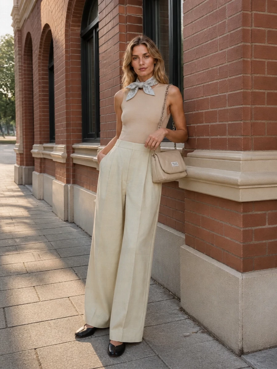 A nude second-skin base meets buttercream pleated volume for a long, clean line that feels calm but assured. Black split-toe flats and a structured neutral bag give the softness a precise finish. The sketch-print scarf quietly links the tones, adding a subtle, cerebral Margiela signature without crowding the silhouette.