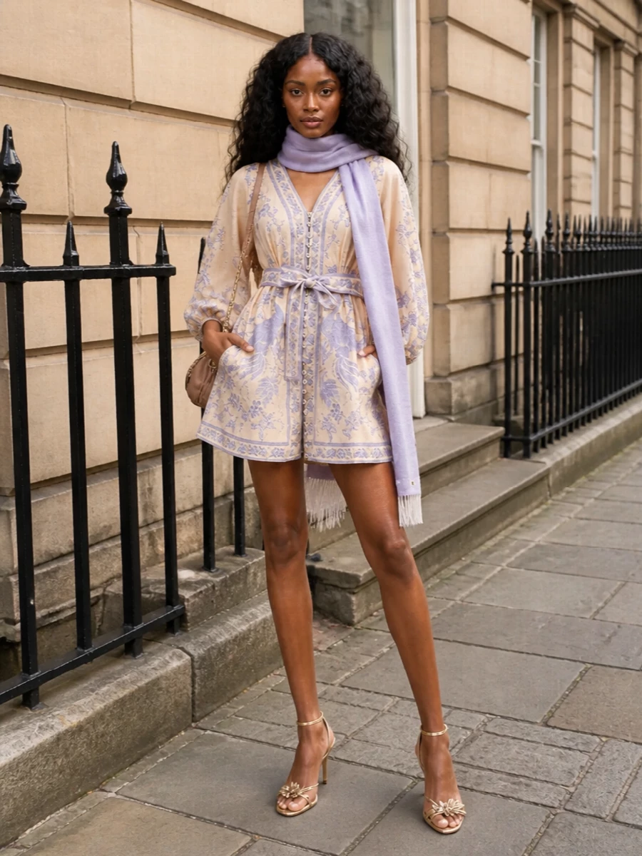 Zimmermann floral mini dress gold sandals