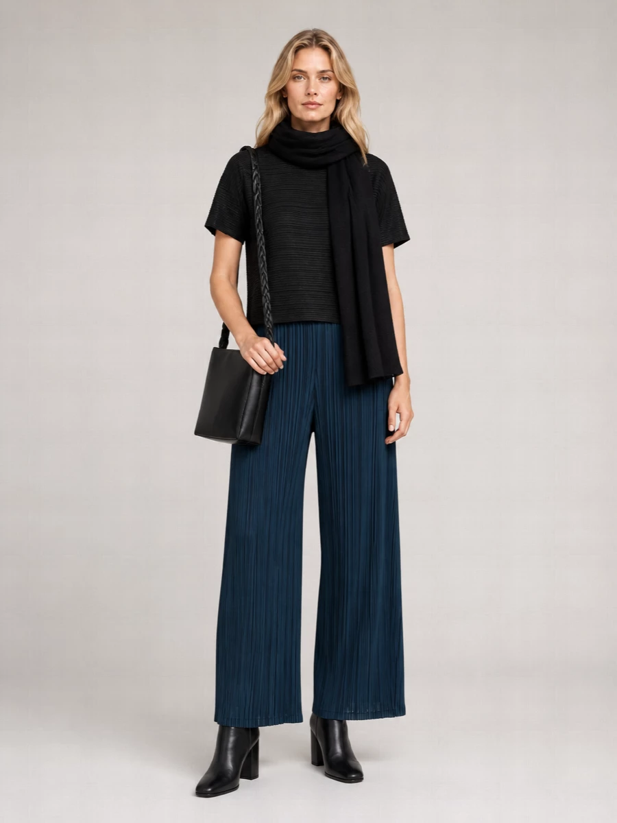 Pleats Please Issey Miyake Ribbed Cropped Boat Neck Short Sleeve Knitted Top