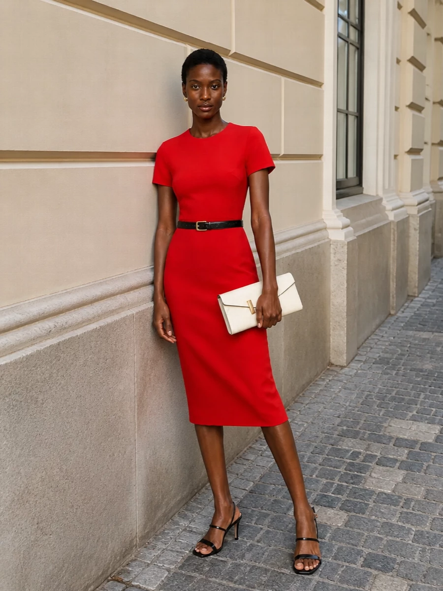 Victoria beckham red sheath dress black sandals