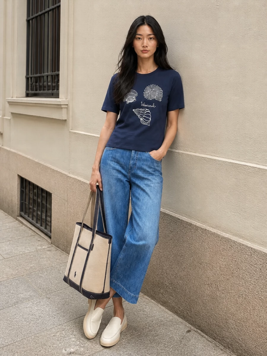 Weekend max mara navy tee cropped wide leg jeans