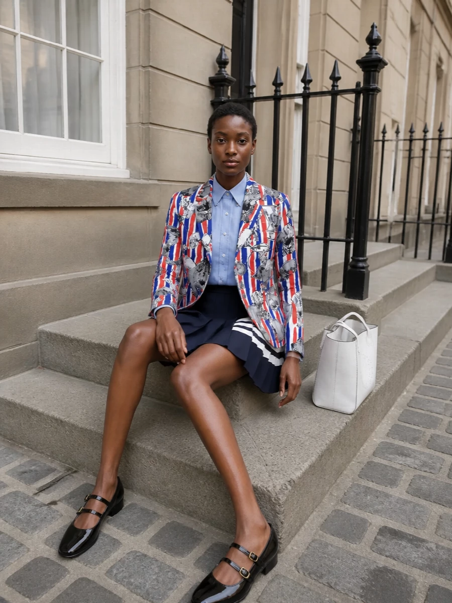 Thom browne tricolour blazer preppy outfit