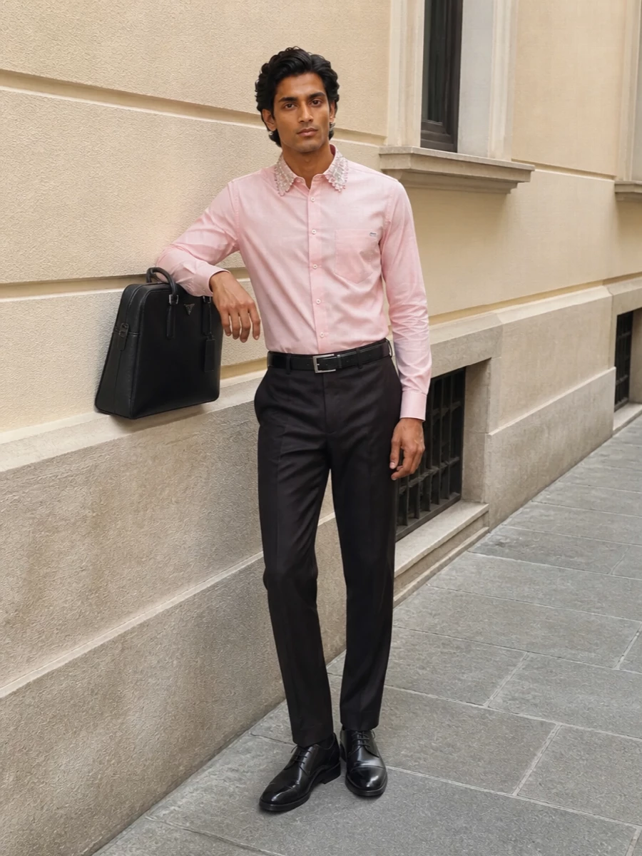 Prada embellished shirt charcoal trousers outfit