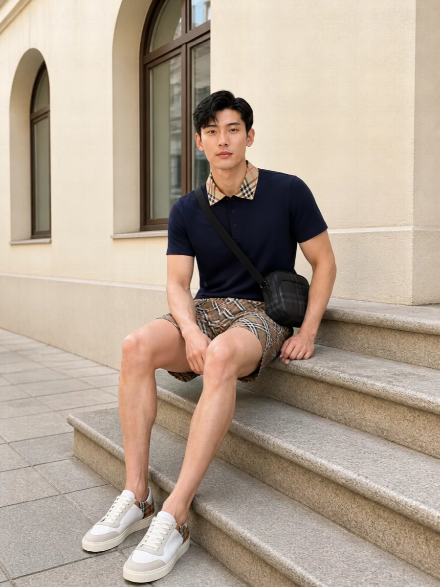 Burberry check swim shorts navy polo sneakers