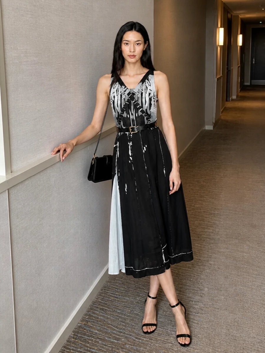 Prada abstract print midi dress cocktail outfit