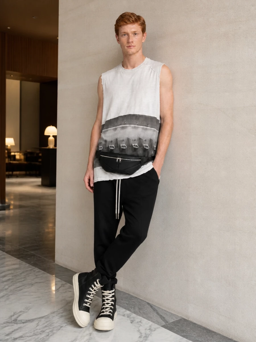 Rick owens tank drop crotch pants high top sneakers