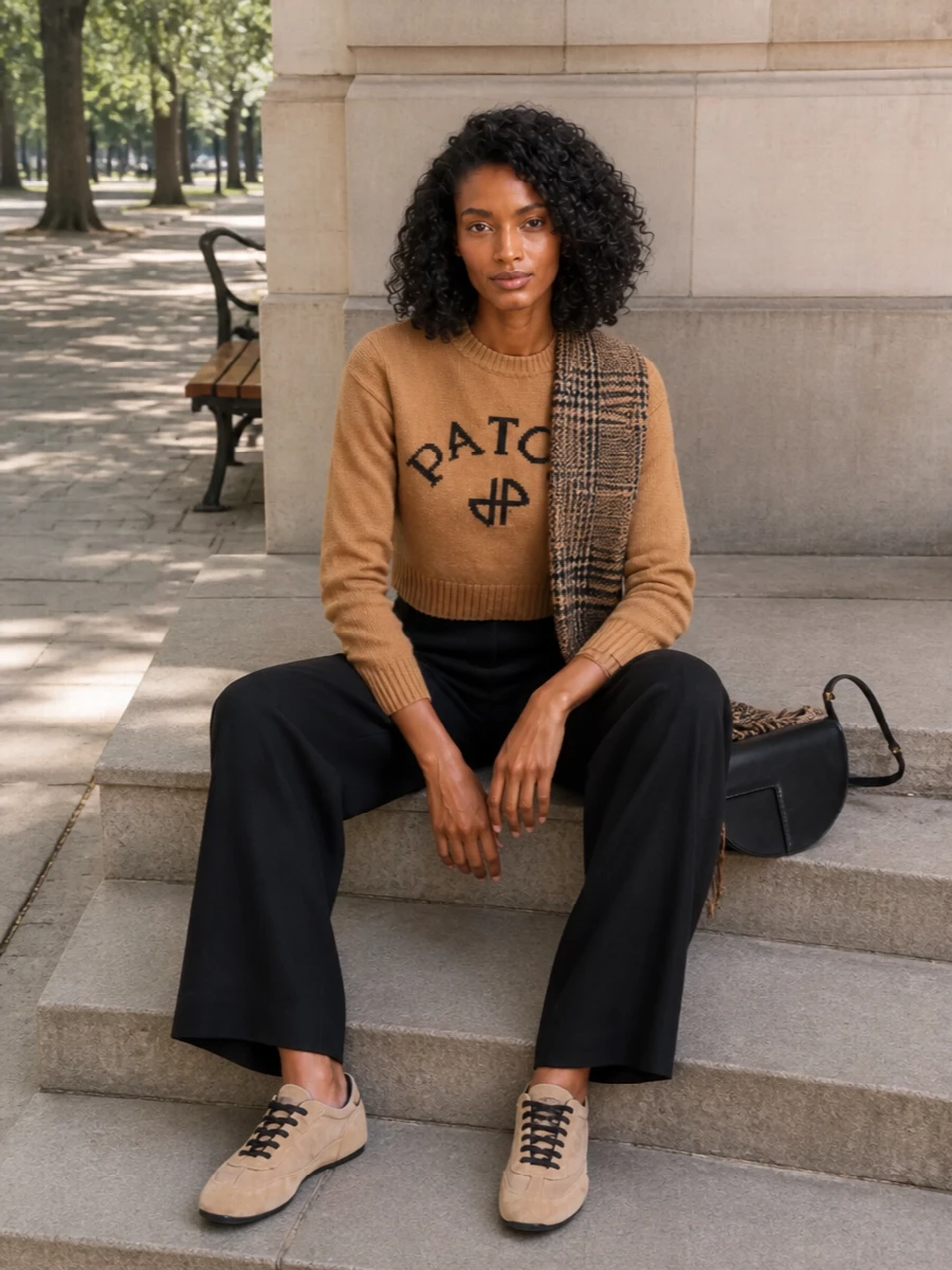 Patou camel logo sweater black wide leg pants