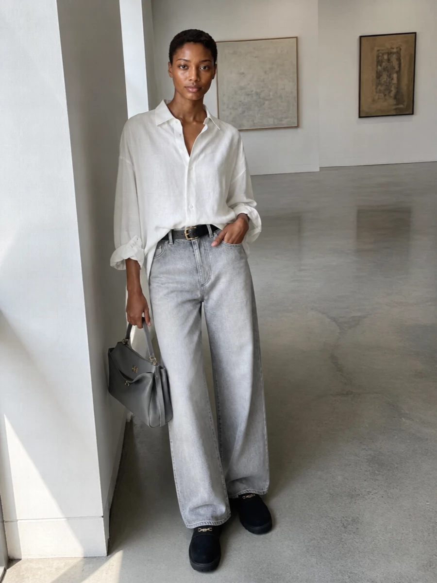 Dior grey wide leg jeans white shirt outfit