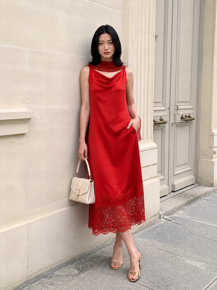 Ferragamo red midi dress gold sandals