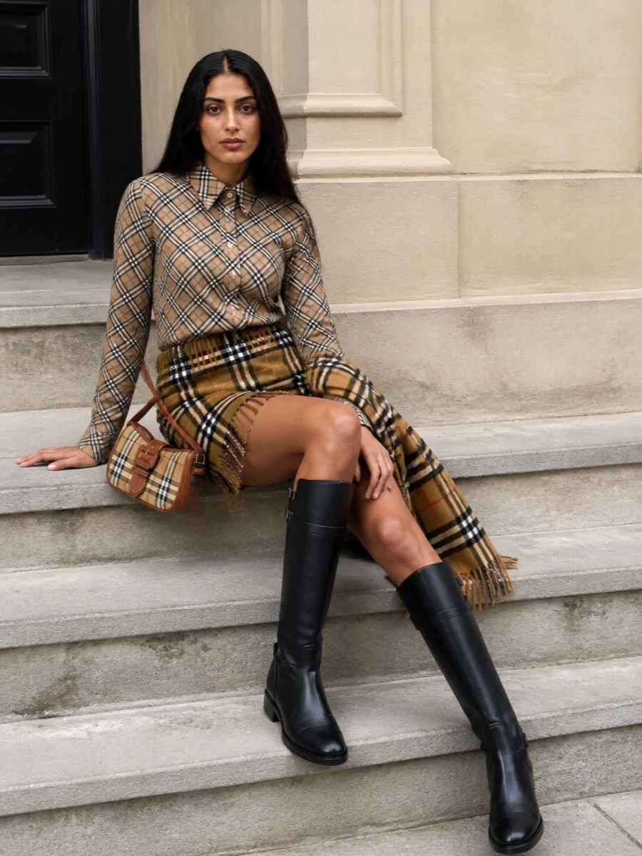Burberry check shirt kilt mini skirt outfit