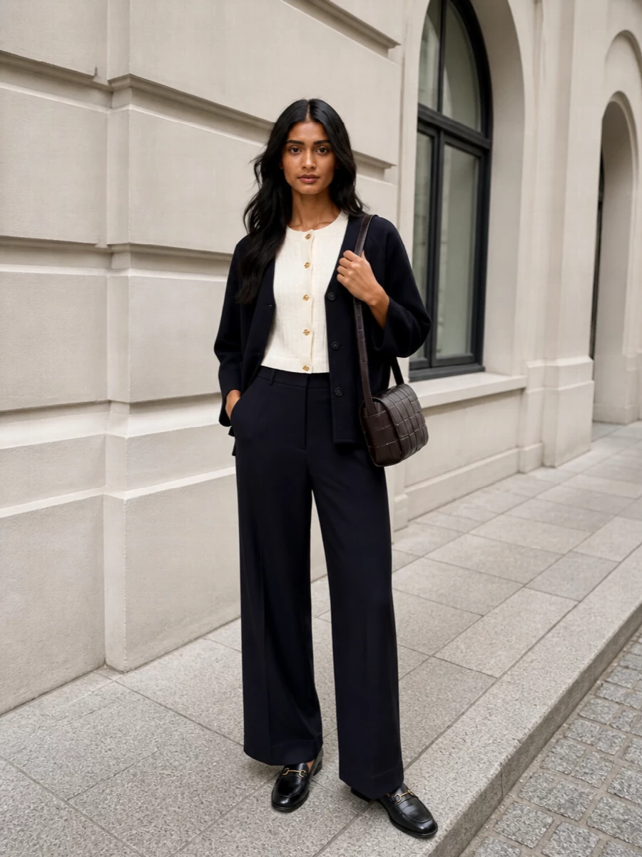 Bottega veneta navy blazer wide leg trousers