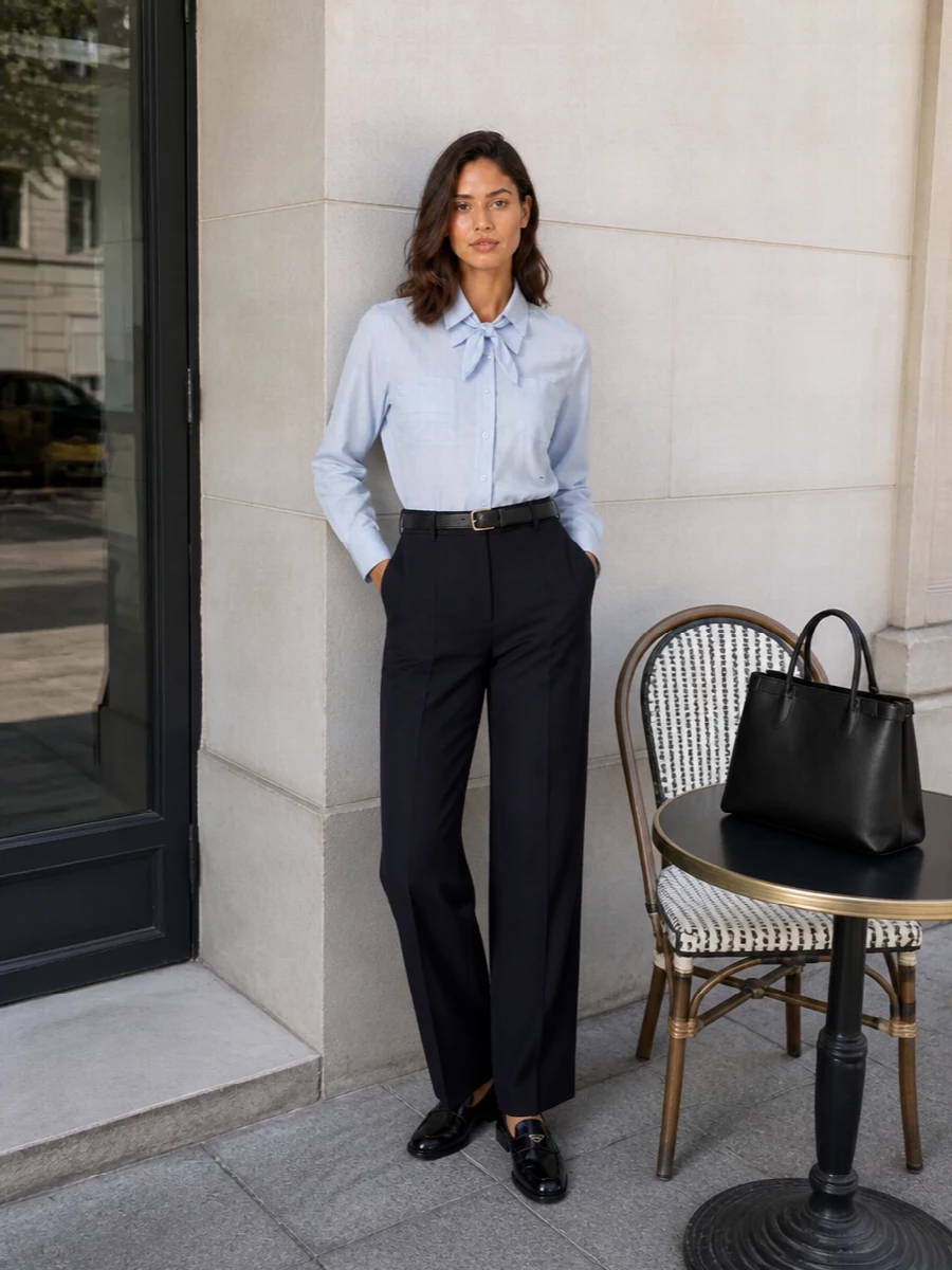 Prada pale blue shirt navy tailored trousers outfit