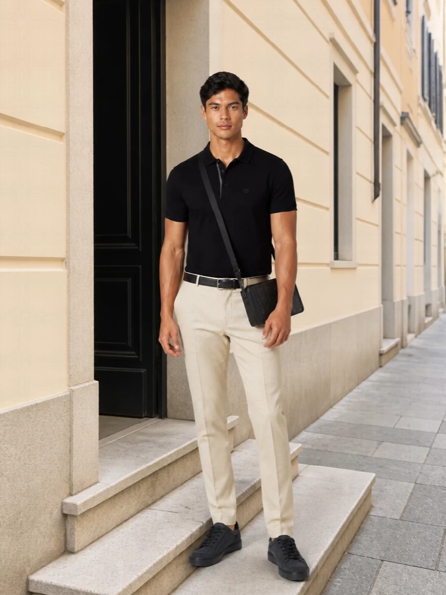 Etro black polo beige trousers tods sneakers