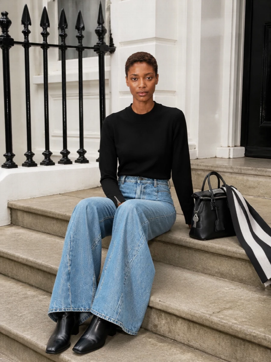 A black Margiela knit sits cleanly against sculptural, ultra-wide light denim, giving that mix of restraint and ease the house does best. Sleek black ankle boots and a structured Margiela bag sharpen the volume, keeping the palette tight while the scarf adds a quiet graphic note. It is an all-season city uniform that feels relaxed enough for daytime yet considered enough for dinner.