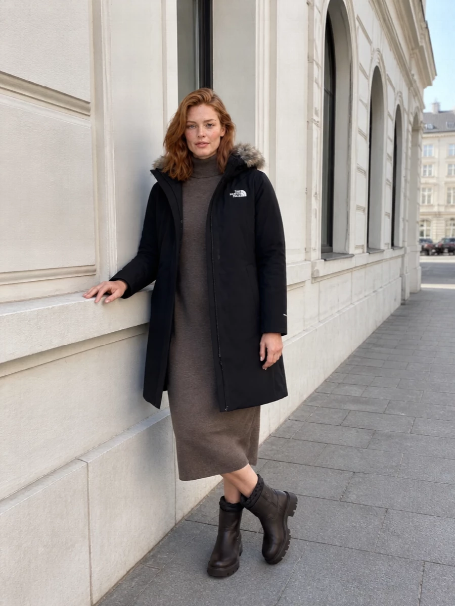North face parka knit midi dress winter boots