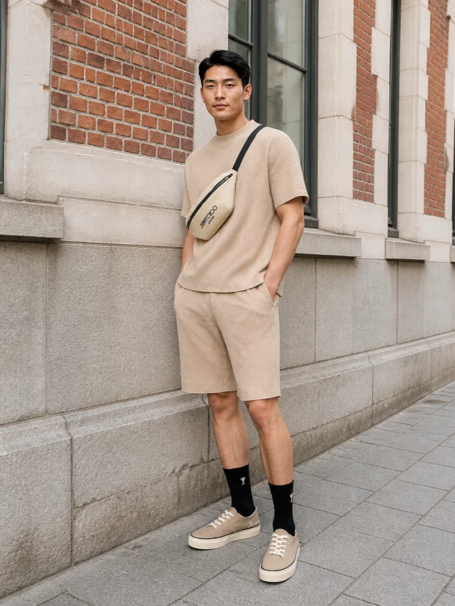 Homme plisse sand pleated shorts outfit sneakers