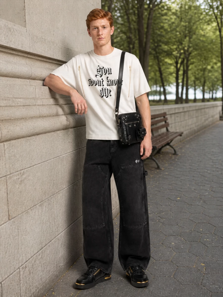 The Undercover tee sits over washed black wide-leg Off-White cargos to build a dark, roomy street silhouette that still feels controlled. Black and gold Giuseppe Zanotti sneakers pick up the tee’s metal zips and lettering, while the Balenciaga moto crossbody and subtle Comme des Garçons socks keep the accessories sharp and hardware-driven. The result is a nocturnal, city-ready mix of utility and attitude that reads considered from head to toe.