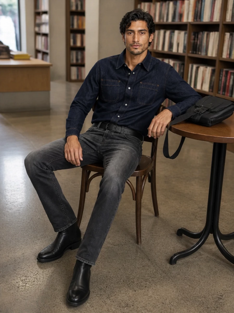 7 for all mankind denim shirt charcoal jeans outfit