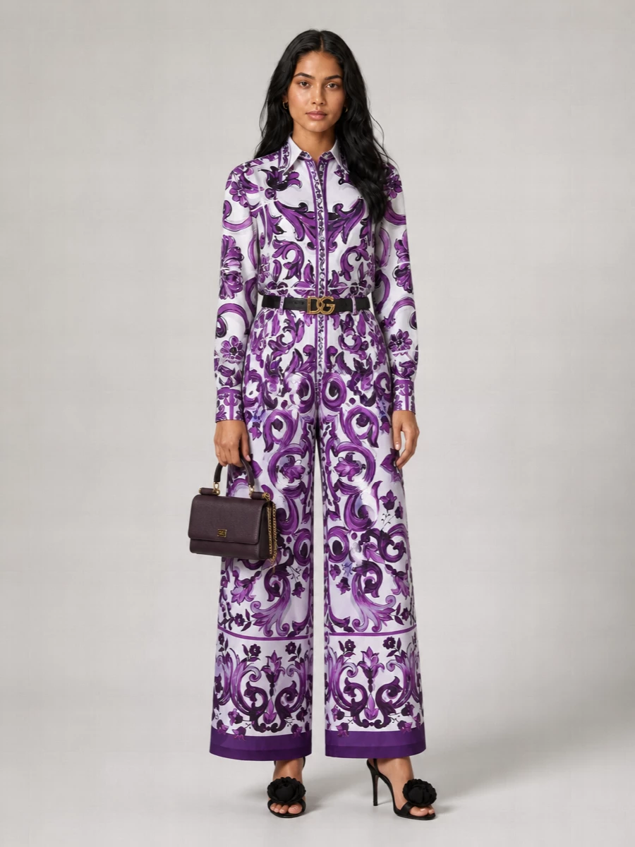 Dolce&Gabbana Majolica Print High Rise Wide Leg Pants
