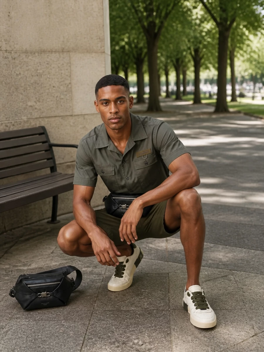 Dolce gabbana olive cargo shorts outfit sneakers