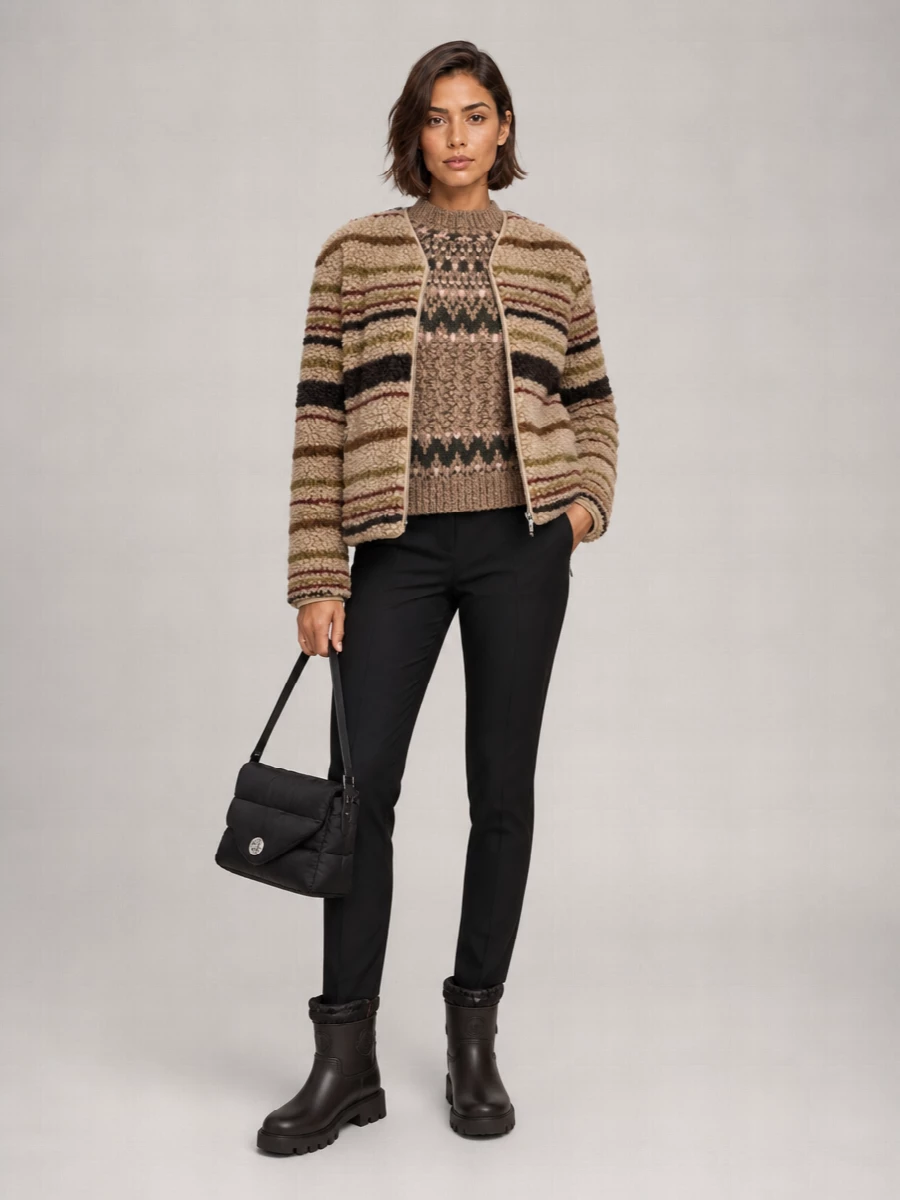 Moncler Teddy-Effect Striped V-Neck Zip-Up Cardigan