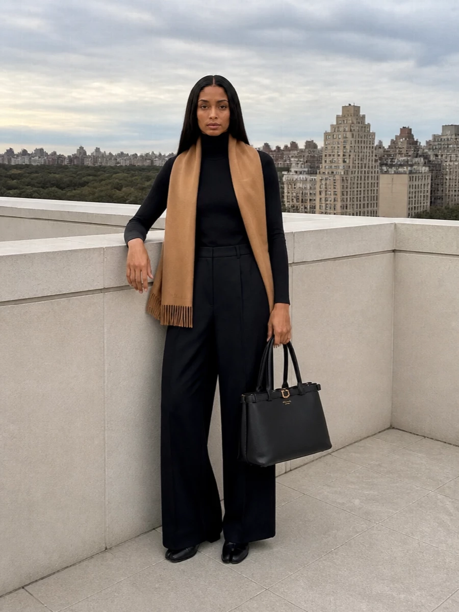 Max mara turtleneck wide leg trousers prada bag