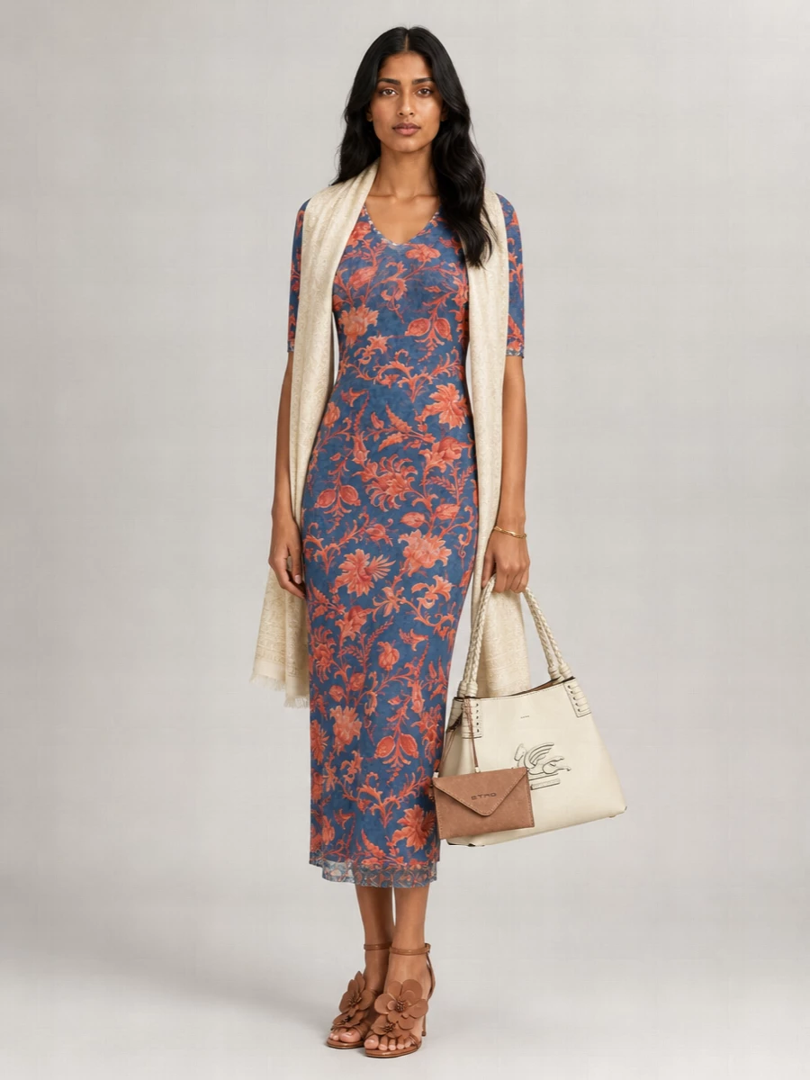 Etro Floral-Print Stretch-Tulle V-Neck Short-Sleeve Midi Dress
