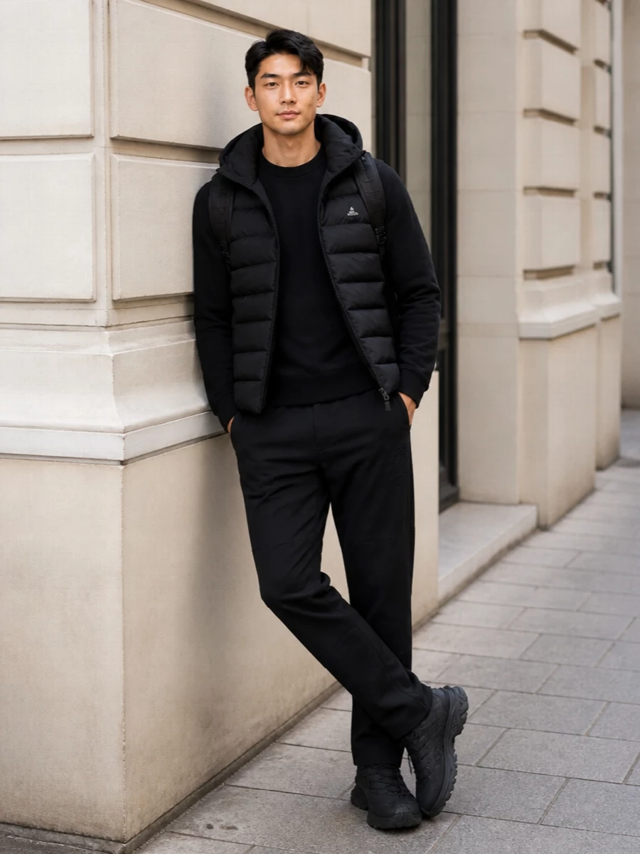 This look is a focused alpine-urban uniform: a Moncler Grenoble padded jacket over the technical navy crew, straight dark trousers and black trail sneakers for a sleek but ready-for-weather stance. The black Givenchy backpack finishes it with understated luxury, keeping everything practical and sharp for winter city movement or aprés-ski travel days.