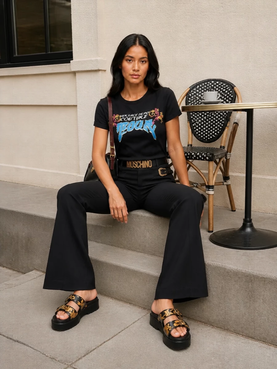 A graphic Versace tee meets high-rise flared trousers for a long, leggy take on rock-chic streetwear. Platform baroque slides keep the attitude high but easy, while a sleek black shoulder bag and logo belt tie together the gold hardware and branding into one sharp, night-ready statement.