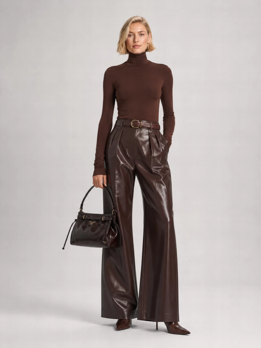 The Andamane Leather-Effect Pleated Flared Trousers