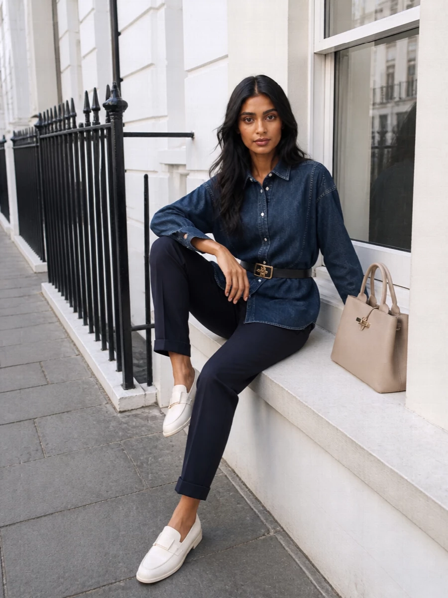 Dark indigo denim shirting meets navy tailoring for a clean, slightly androgynous take on smart casual. Ivory low-heel loafers and a warm beige structured tote keep the mood light and polished without feeling formal. A slim black belt defines the waist just enough, so the longline shirt still reads relaxed but considered for city days and relaxed office hours.