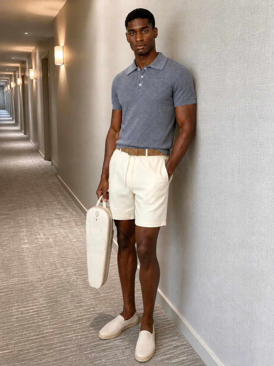 Cucinelli cream shorts blue knit polo outfit