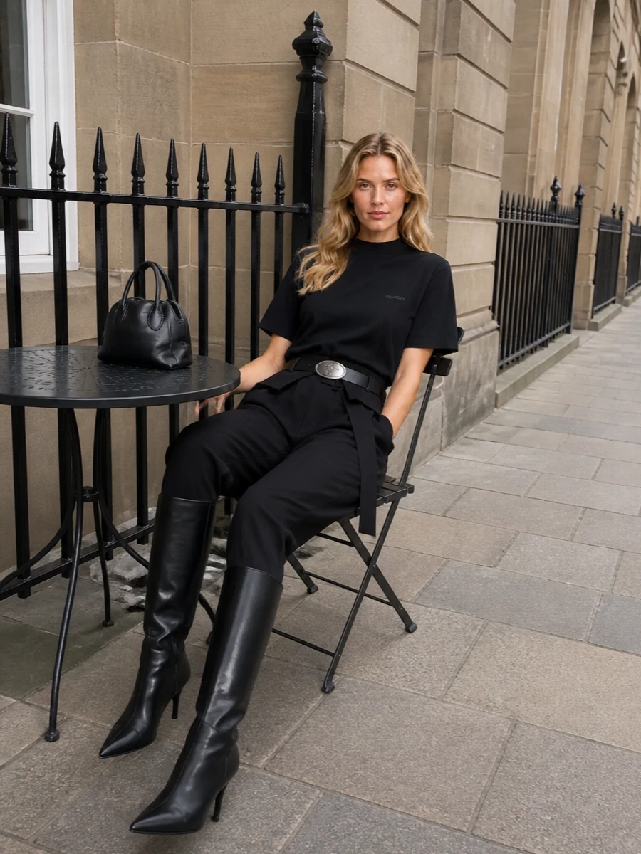 The attico black mock neck top belted trousers