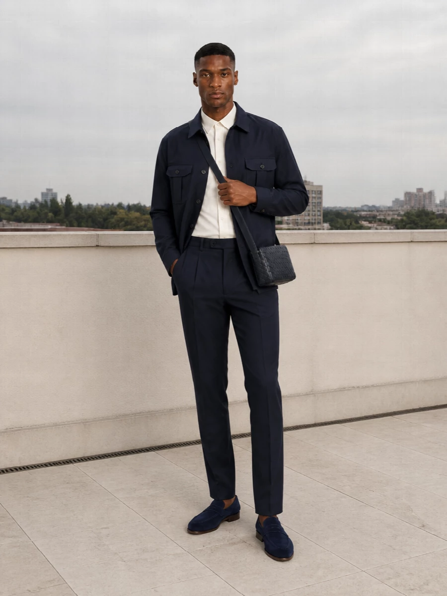 Brioni navy shirt jacket pleated trousers outfit