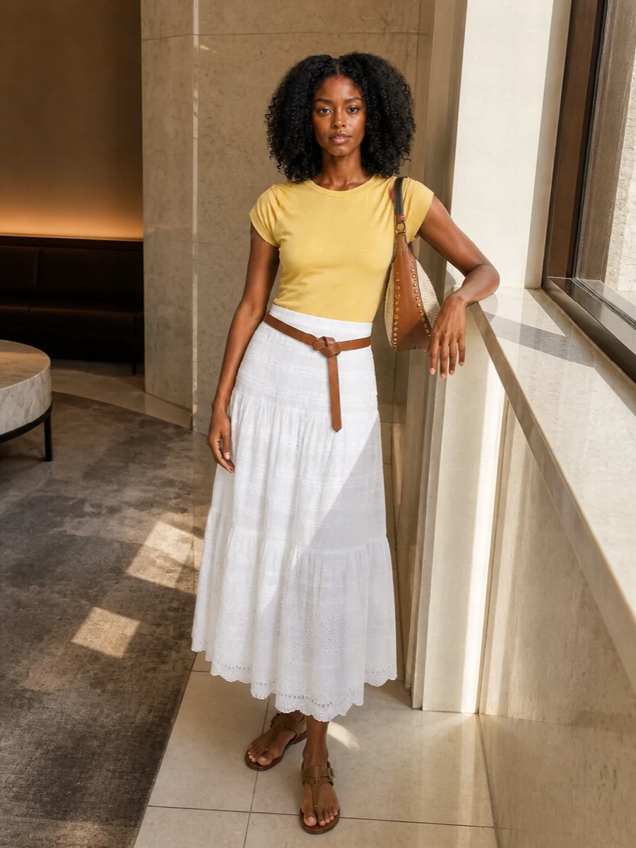 Soft pastel yellow and crisp white create a sunlit base, with the tiered midi echoing the tee’s gentle ruching for a romantic, easy silhouette. Tan leather sandals and a curved hobo add warm, grounded notes, while a knotted belt lets you choose between loose ease and a softly defined waist. It feels relaxed enough for slow summer days yet considered enough for terrace lunches or city wandering.