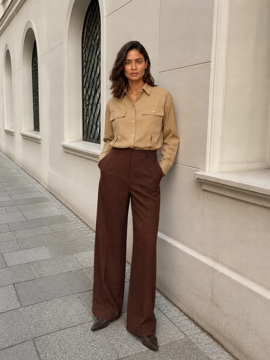 A camel Ferragamo shirt and chocolate Dries Van Noten trouser build a quiet, tonal column that feels smart for city days without slipping into stiffness. The pointed Uma Wang flat sharpens the line while keeping it grounded and discreet. This path prioritizes tailored separates to speak directly to the bag’s coffee-to-meeting versatility and understated polish.