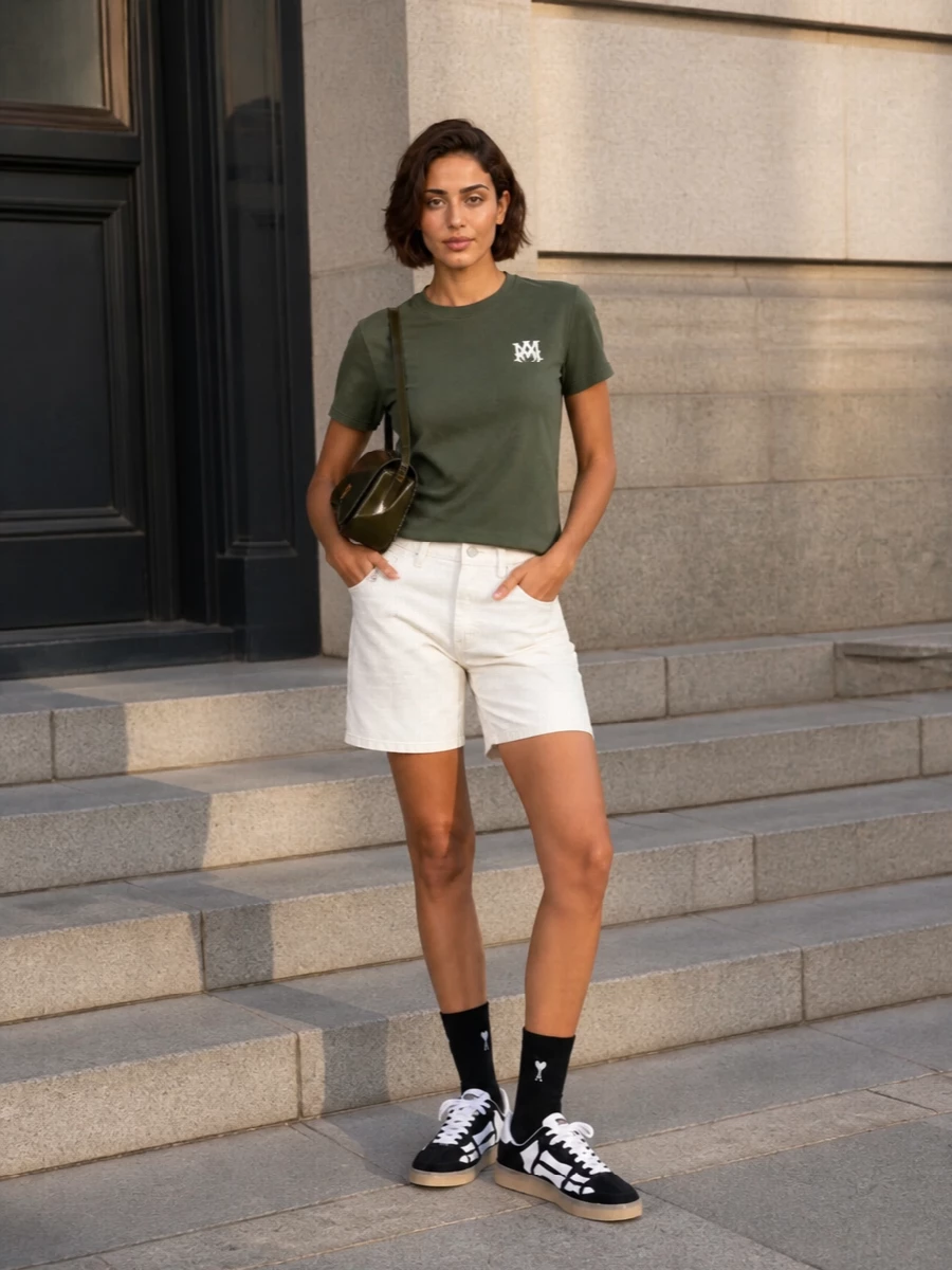 An olive tee and off-white denim shorts keep the palette tight and clean, channeling sporty streetwear without feeling busy. Black-and-white Amiri sneakers add a graphic note that anchors the lighter tones. A structured olive shoulder bag and discreet logo socks finish it with just enough polish for city days.