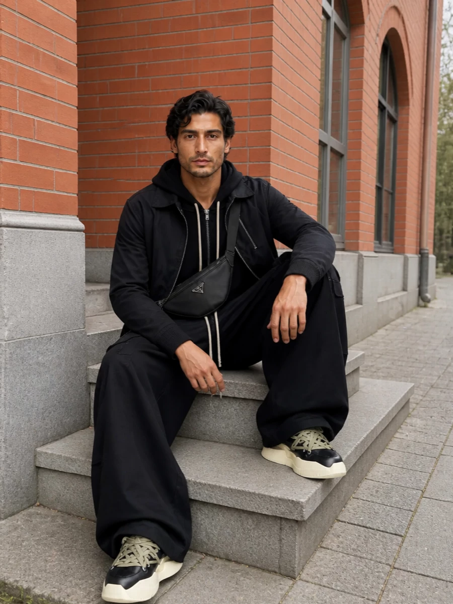 Rick owens black cargo outfit prada crossbody