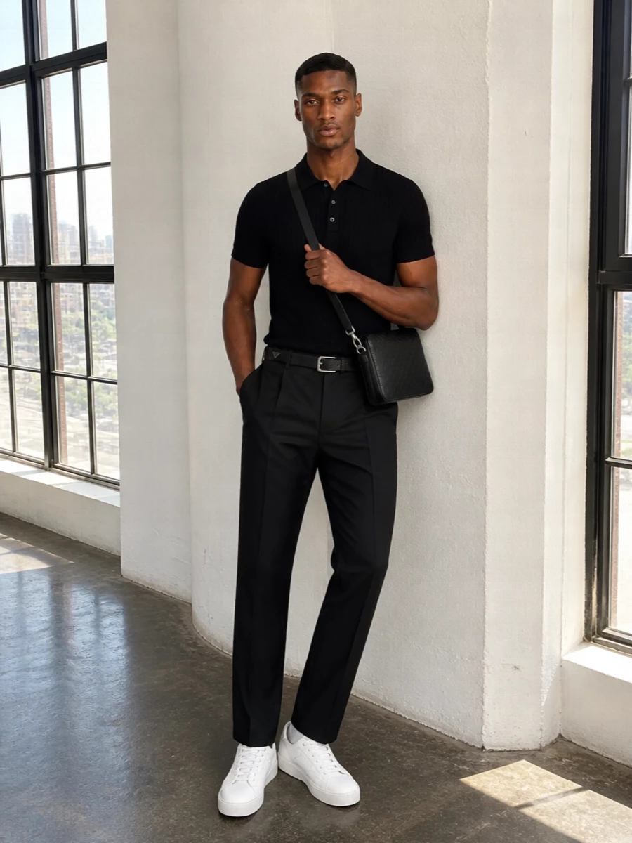 Golden goose trousers black polo white sneakers