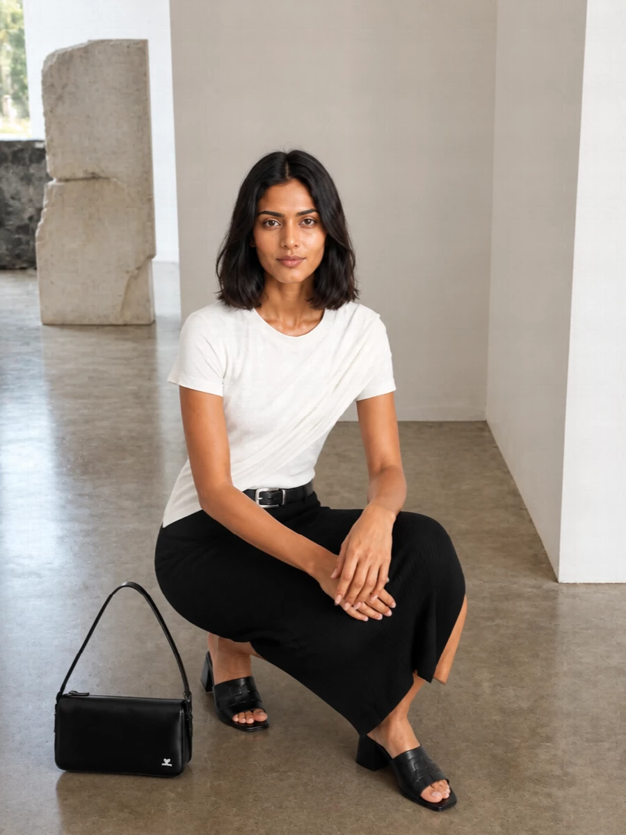 An off-white draped Courrèges tee meets a black ribbed column skirt for a clean, elongated silhouette with subtle asymmetry. Square-toe block-heel mules and a sleek black baguette keep the monochrome story sharp yet understated. A slim leather belt is the only punctuation, giving the option to define the waist while preserving the quiet, architectural mood.