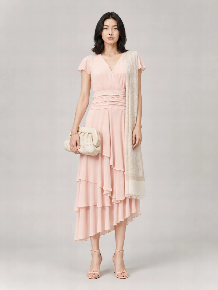 Lardini V-Neck Wrap Ruffled Asymmetric Midi Dress