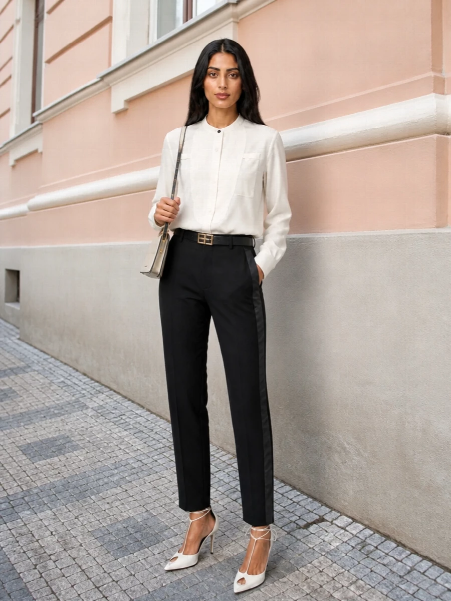 Victoria beckham tux trousers ivory shirt outfit