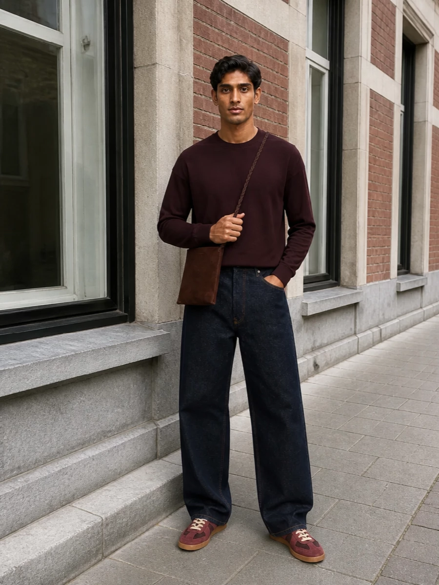 Dries van noten burgundy top wide leg jeans