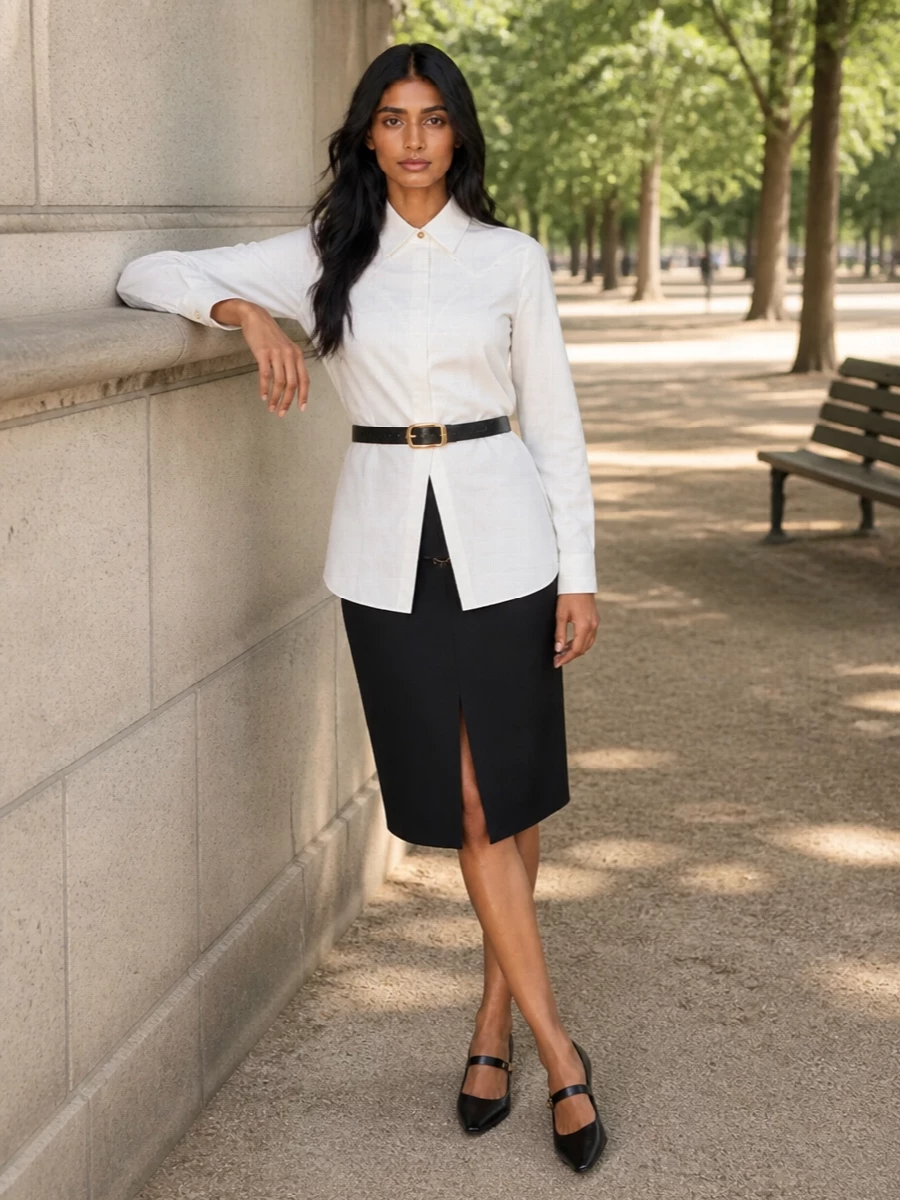 Versace black pencil skirt white shirt outfit