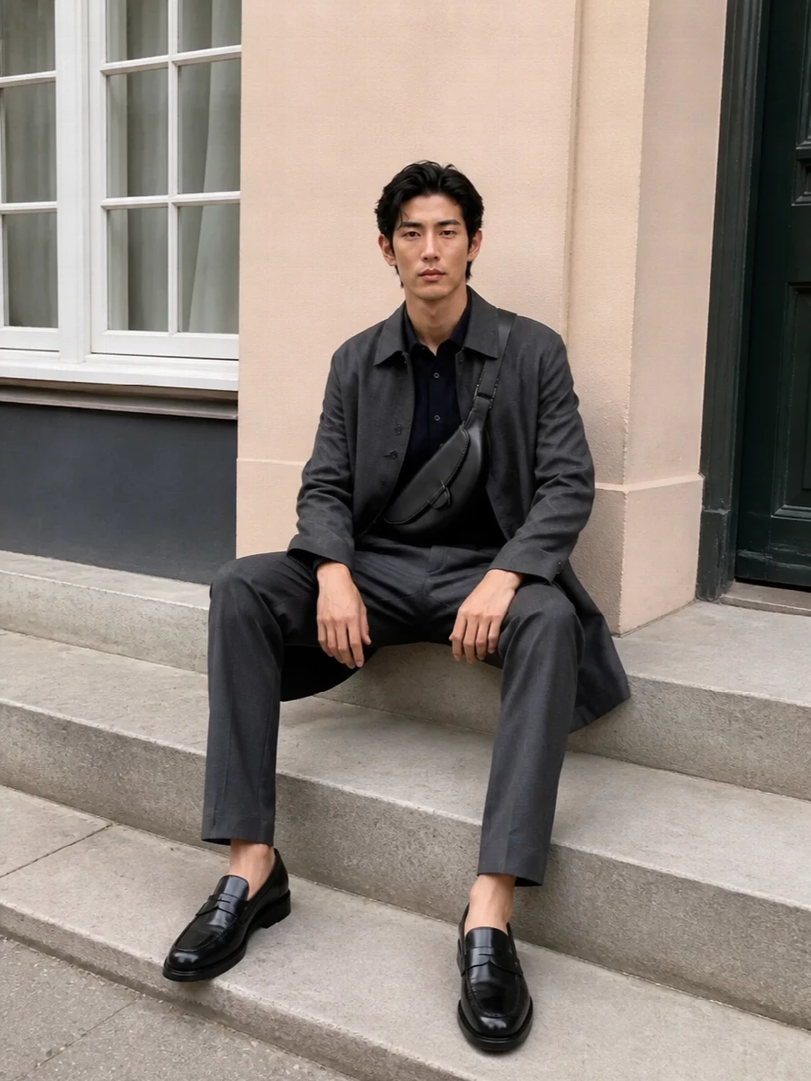 Herno charcoal coat navy shirt loafers outfit
