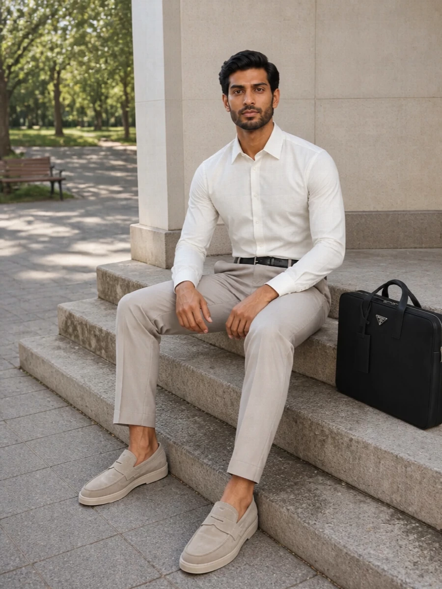 Prada beige trousers ivory shirt suede loafers