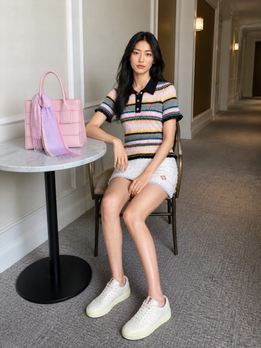 Casablanca knit polo white mini skirt bally sneakers