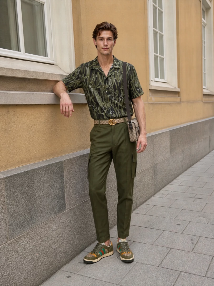 Gucci camp shirt olive cargo trousers outfit